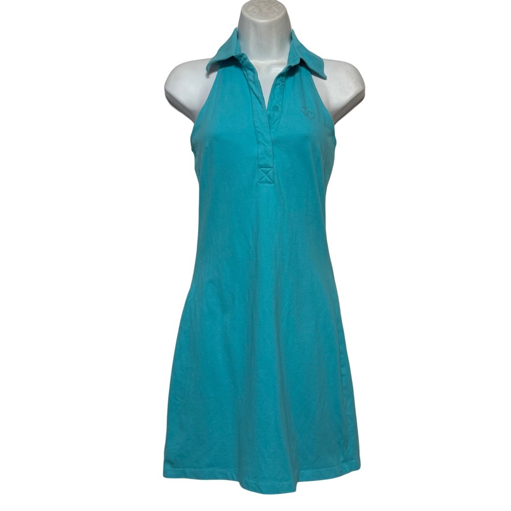 Vintage Express Halter Mini Dress Womens S Blue Stretch Preppy Y2K Minimalist